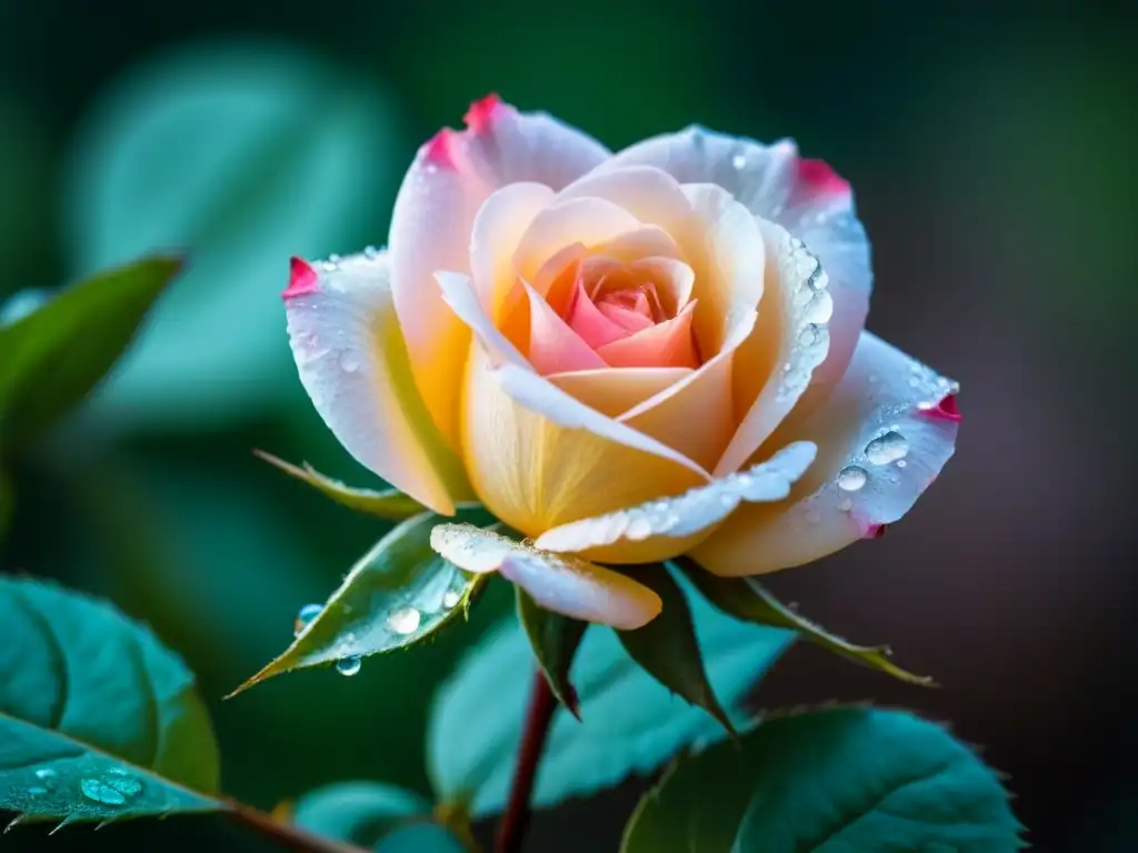 Experiencia sensorial poesía publicidad: Una rosa en flor con rocío brillante, en un jardín tranquilo y difuminado