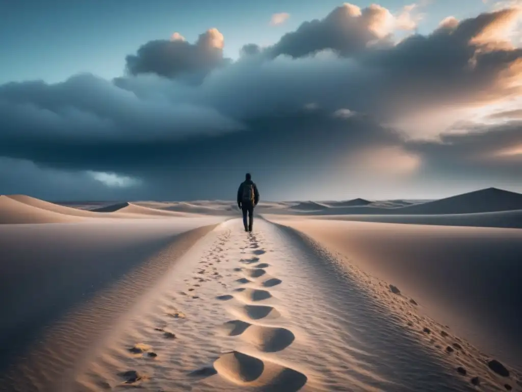 Un explorador solitario en un vasto desierto, con huellas que se pierden en el horizonte bajo un cielo dramático