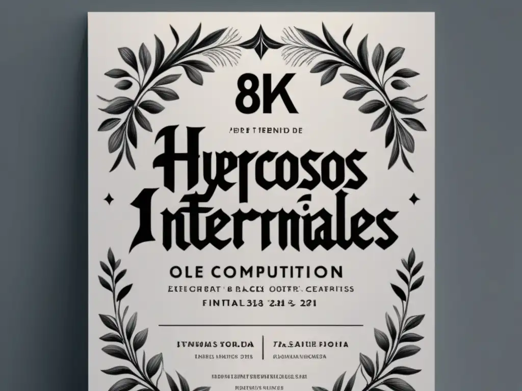 Un exquisito flyer de Concurso Internacional de Poesía en blanco y negro con caligrafía elegante y refinada