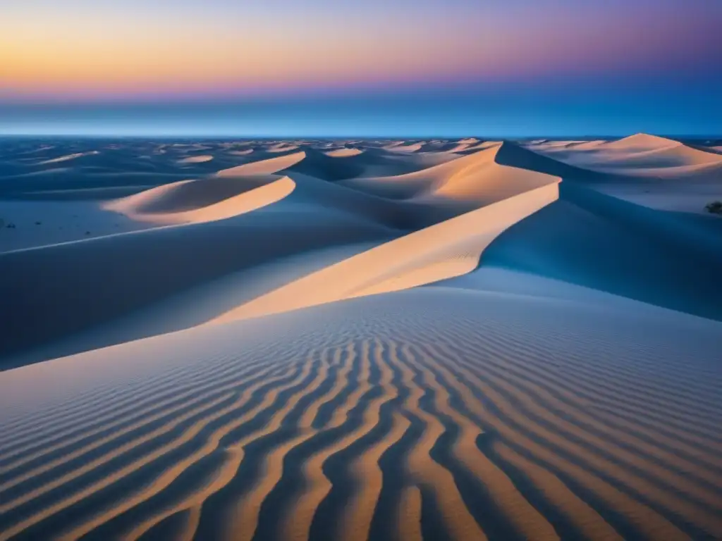 Extensas dunas de arena dorada bajo un cielo azul y un sol que se pone, reflejando la poesía lírica del desierto profundo