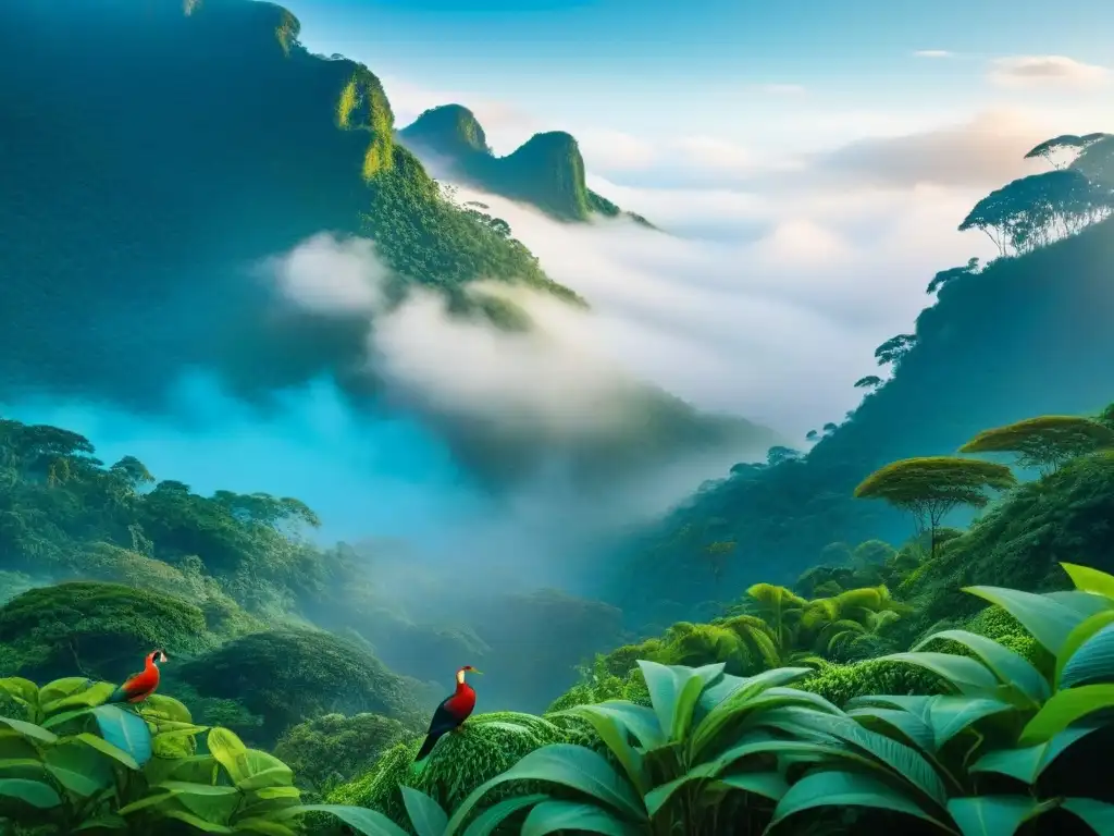 Un exuberante bosque tropical con aves coloridas y plantas detalladas, bajo un cielo azul