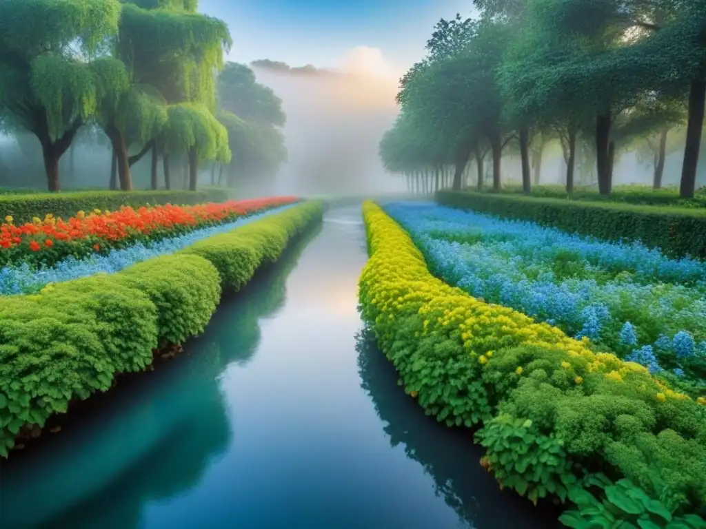 Un jardín exuberante con flores vibrantes, un arroyo y árboles altos reflejando el cielo azul
