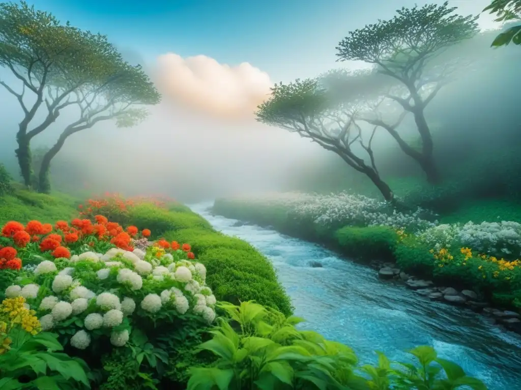 Un jardín exuberante con flores vibrantes, un arroyo y aves en árboles, bajo un cielo azul con nubes