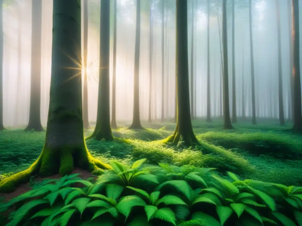 Armonía poesía naturaleza transformación palabras: Bosque exuberante iluminado por el sol, creando sombras danzantes en el suelo