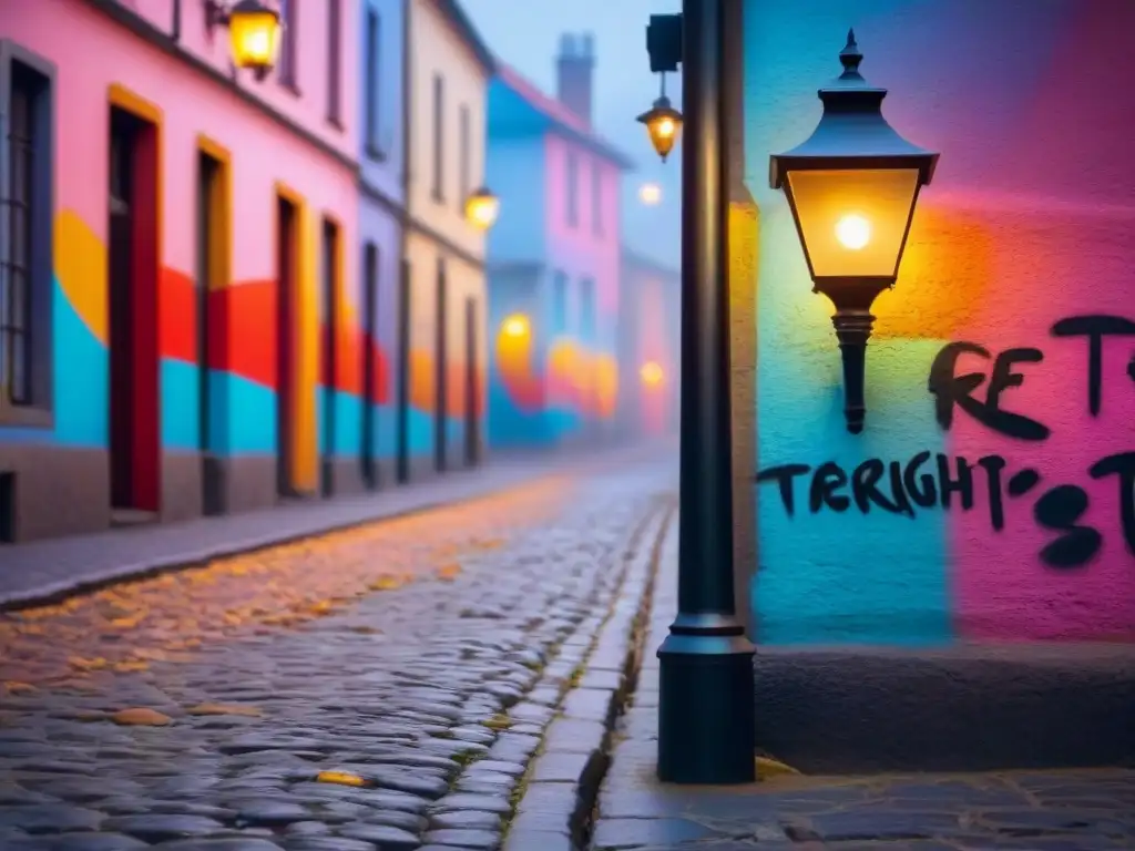 Un farol solitario ilumina una calle empedrada con grafitis poéticos
