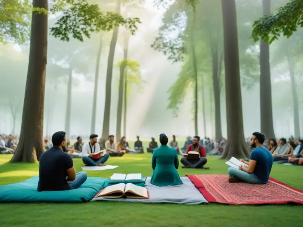 Un festival de poesía al aire libre, donde un poeta lee apasionadamente en un parque verde, conectando con su audiencia