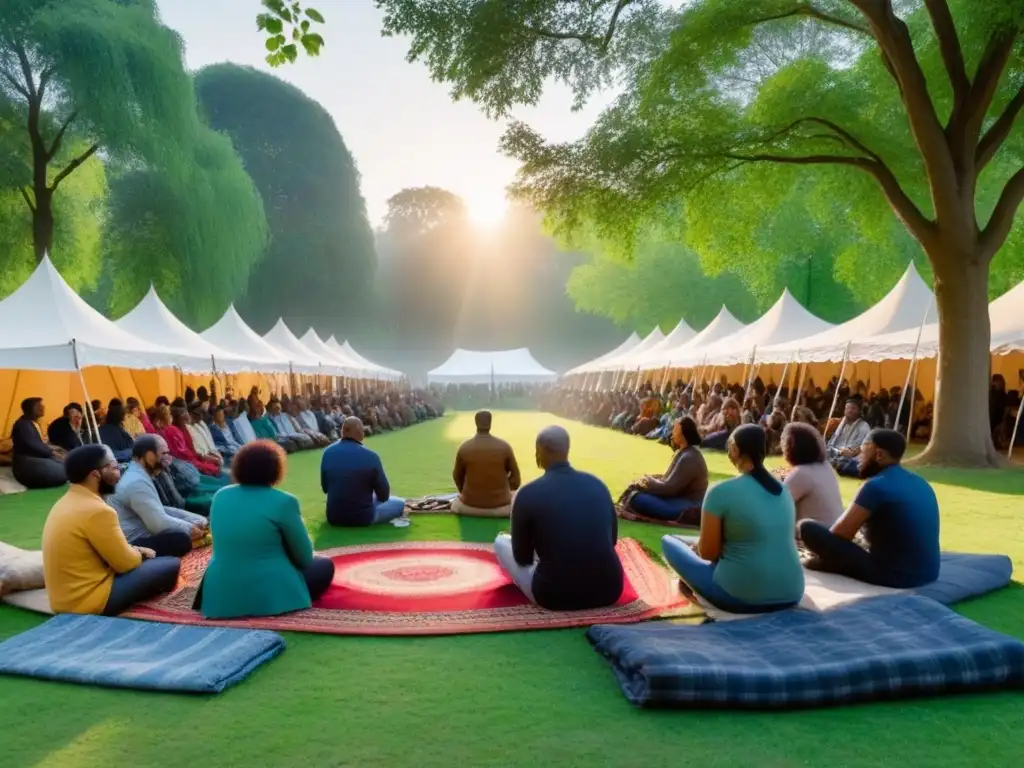 Un festival de poesía con causa: diversidad y armonía en un parque verde, escuchando a un poeta en un escenario al aire libre