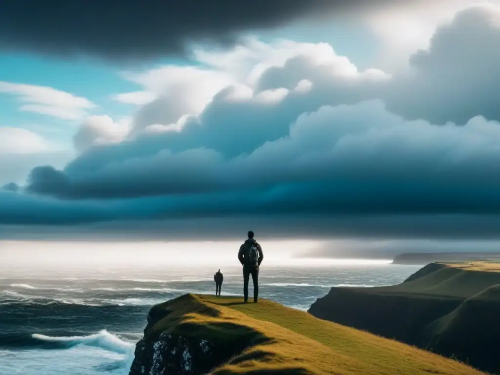 Una figura contemplativa en un acantilado, mirando un mar turbulento