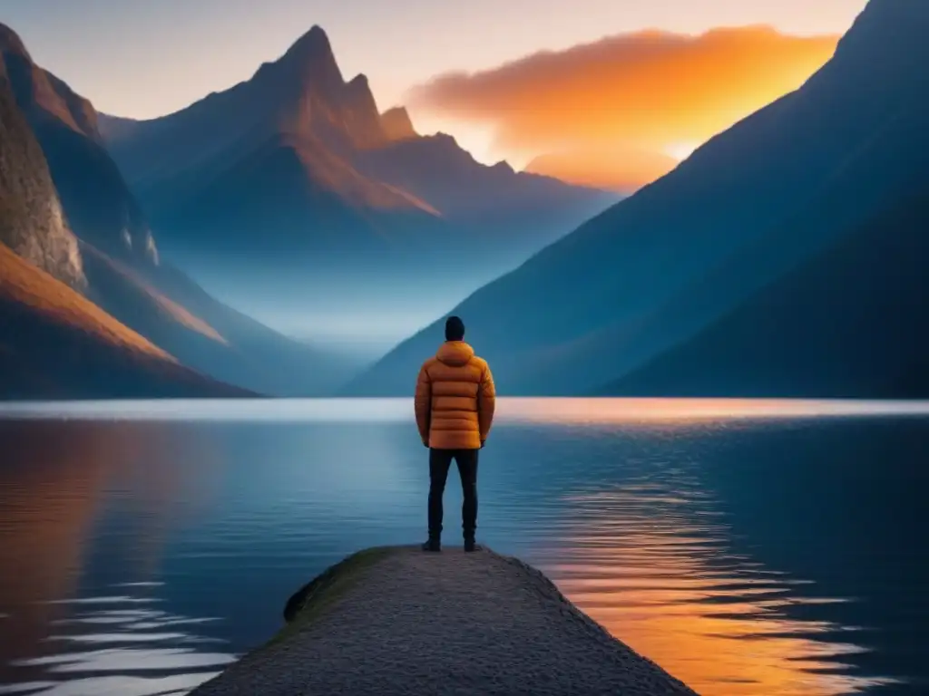 Figura contemplativa en lago sereno al atardecer, reflejando el sol