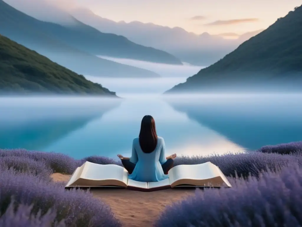 Una figura contemplativa se sienta en un libro flotante en un mar de palabras, rodeada de versos y conceptos