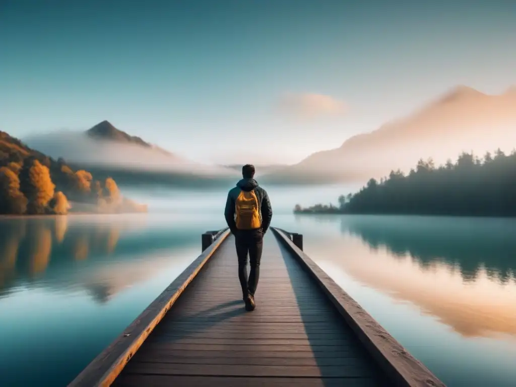 Una figura contemplativa en un puente, reflejada en un lago sereno