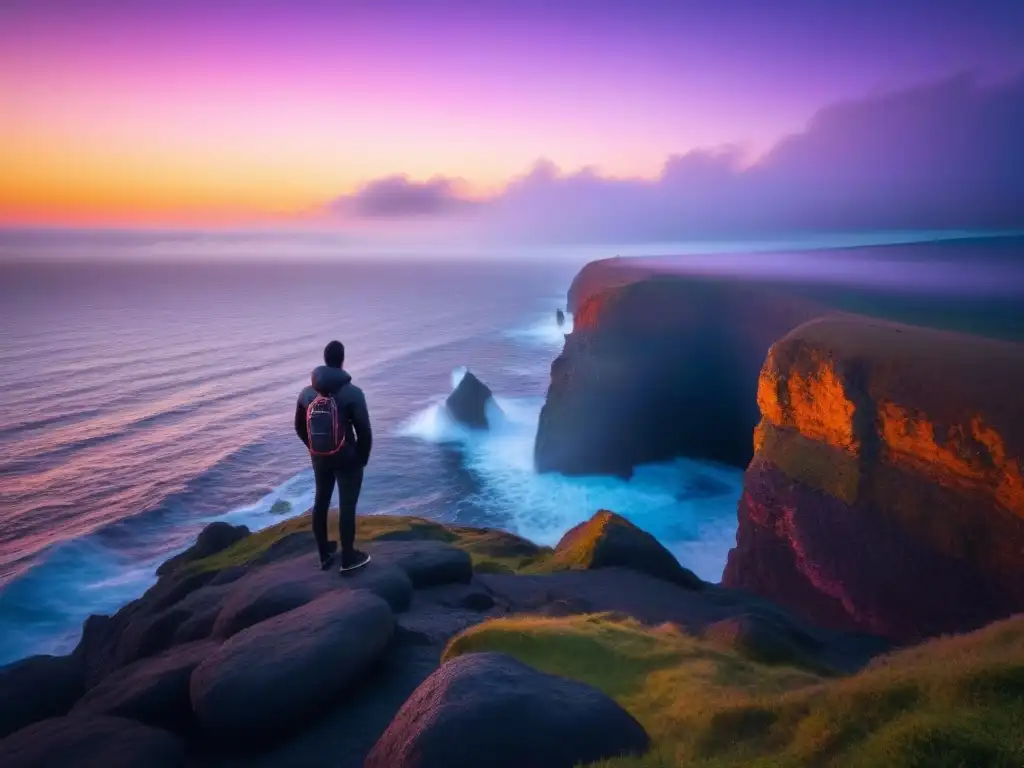 Figura solitaria en acantilado al atardecer, contemplando el mar en calma