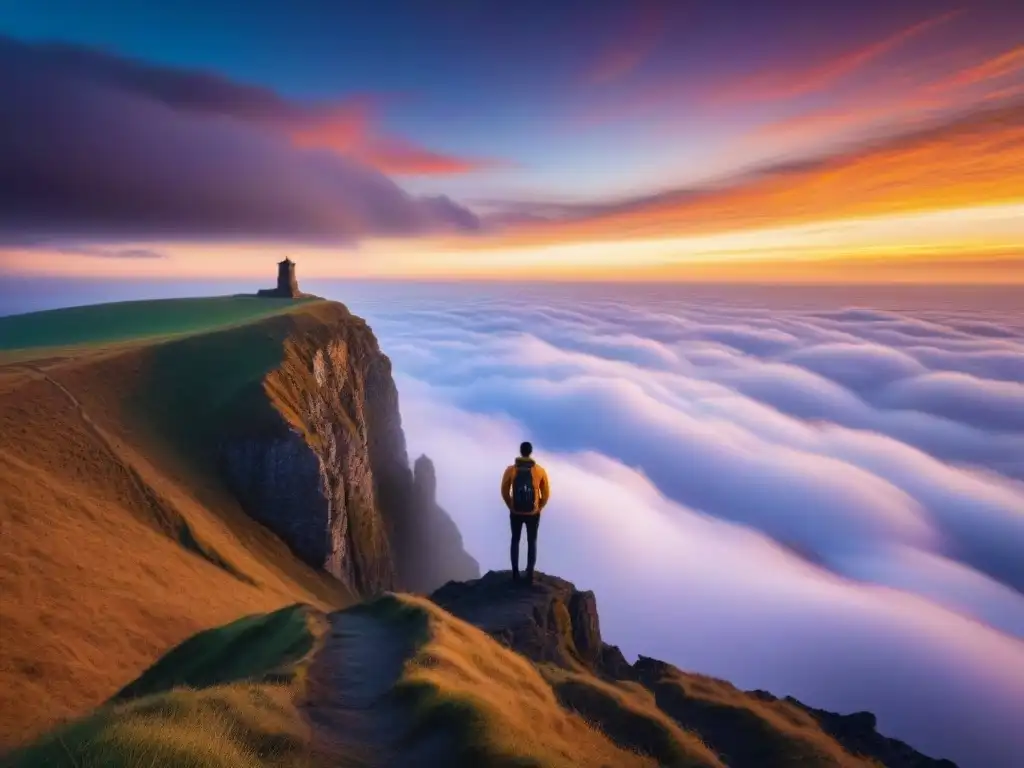 Figura solitaria en acantilado al atardecer, reflejando el poder transformador de la poesía