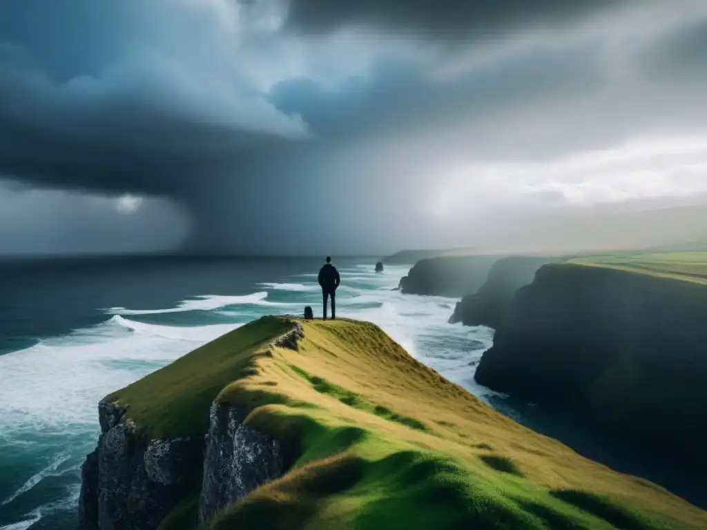 Figura solitaria en acantilado, contemplando mar tormentoso bajo nubes oscuras