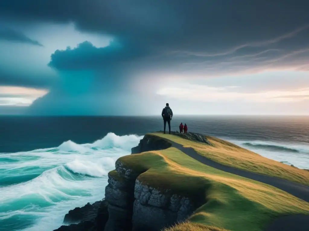 Figura solitaria en acantilado, contemplando el mar tormentoso bajo un cielo dramático