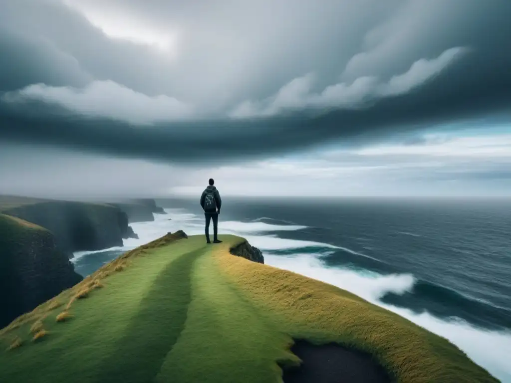 Figura solitaria en acantilado, contemplando mar turbulento bajo cielo dramático