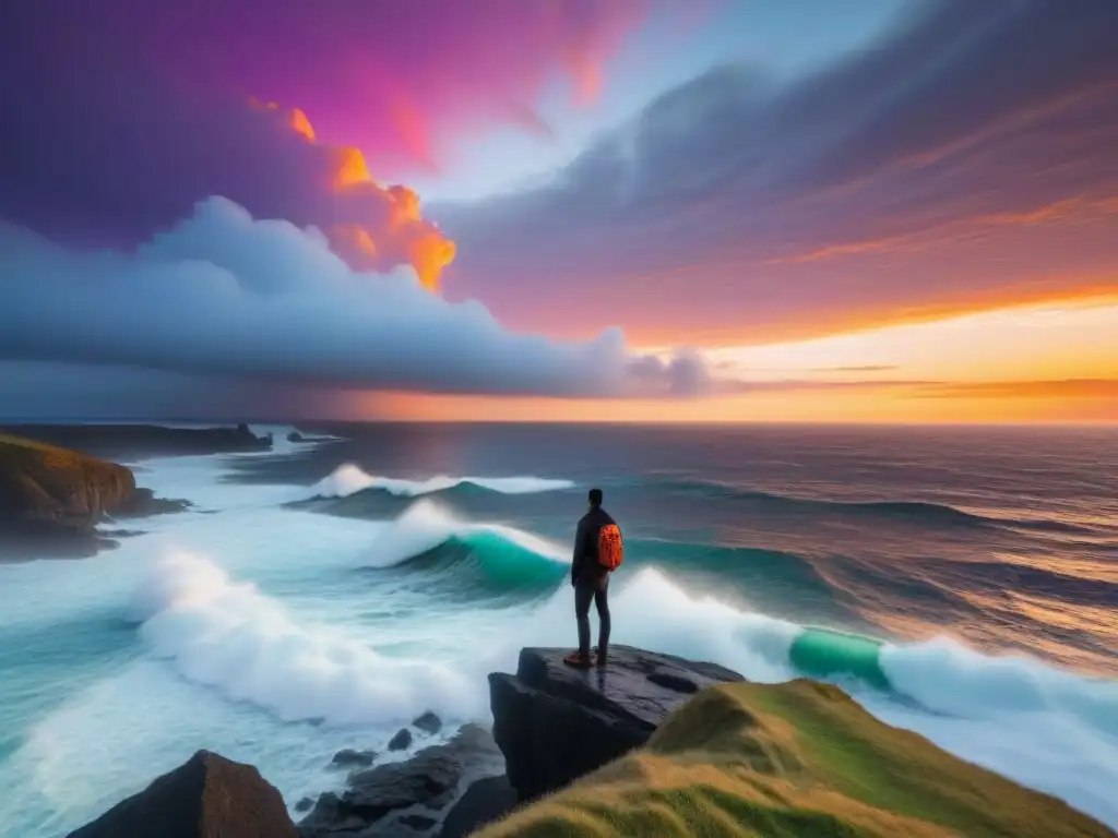 Una figura solitaria en un acantilado, contemplando un mar turbulento bajo un cielo anaranjado y morado al atardecer