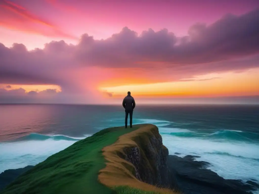 Figura solitaria en acantilado, contemplando un mar turbulento al atardecer