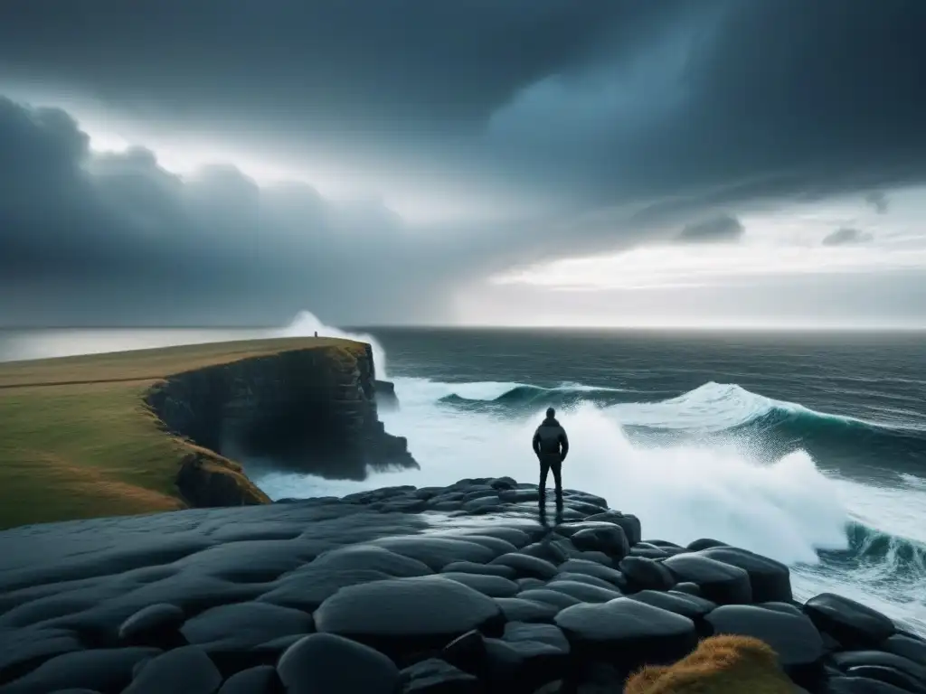 Figura solitaria en acantilado, contemplando mar turbulento bajo cielo tormentoso