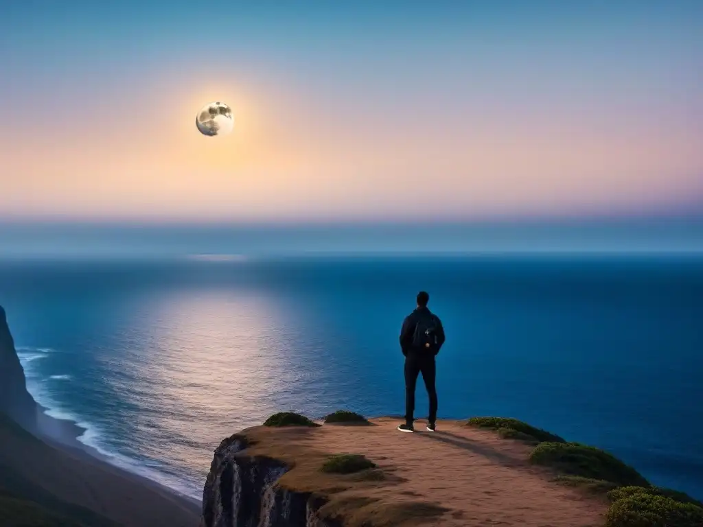 Figura solitaria en un acantilado, contemplando el mar bajo la luna llena
