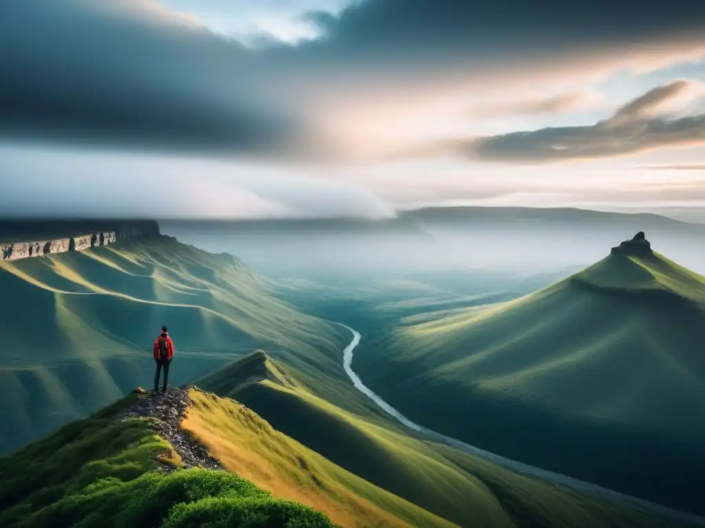 Figura solitaria en acantilado, contemplando montañas bajo cielo sombrío