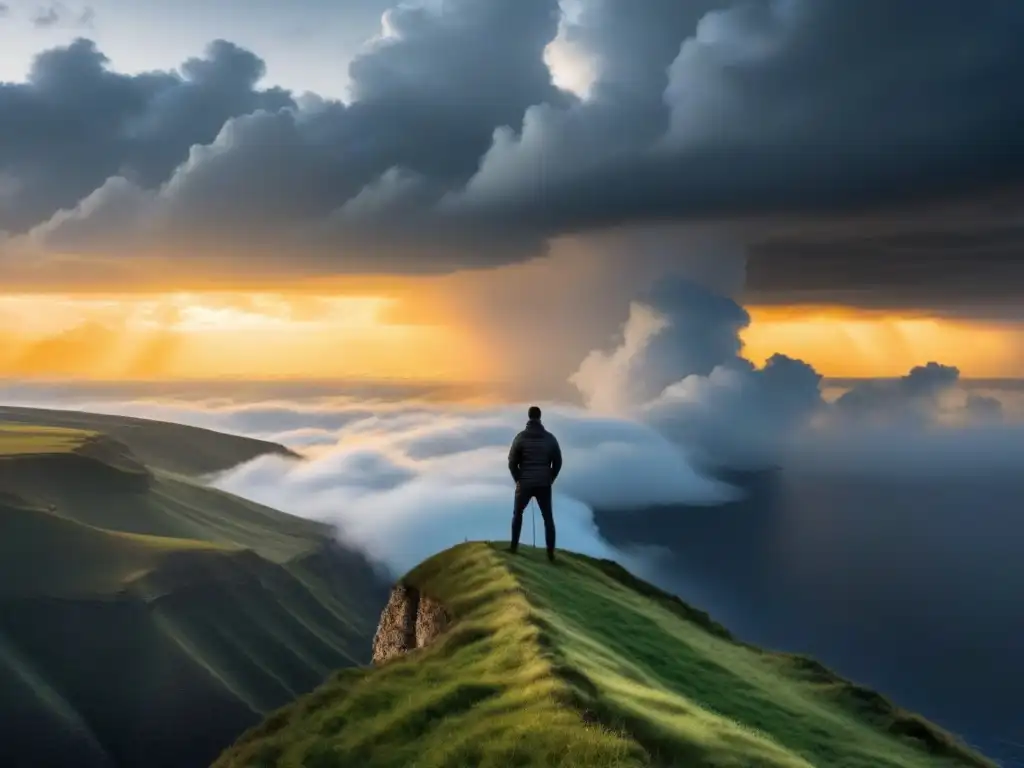 Figura solitaria en acantilado, contemplando amanecer entre nubes oscuras, reflejo de la melancolía luminosa en la poesía de Jaime Sabines