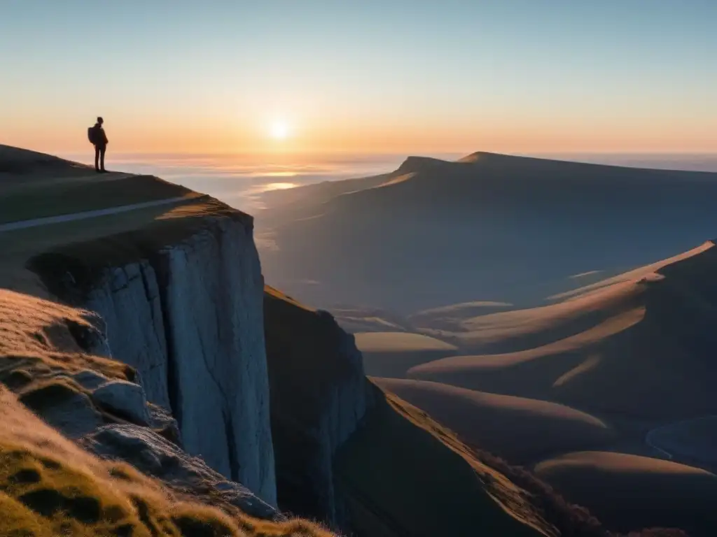 Figura solitaria en acantilado contempla paisaje neblinoso al amanecer, reflejando identidad a través poesía transformadora