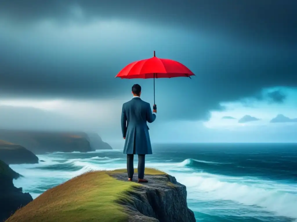 Figura solitaria en acantilado con paraguas rojo, reflejando la resistencia ante la tormenta, inspirado en Bei Dao poesía resistencia palabras