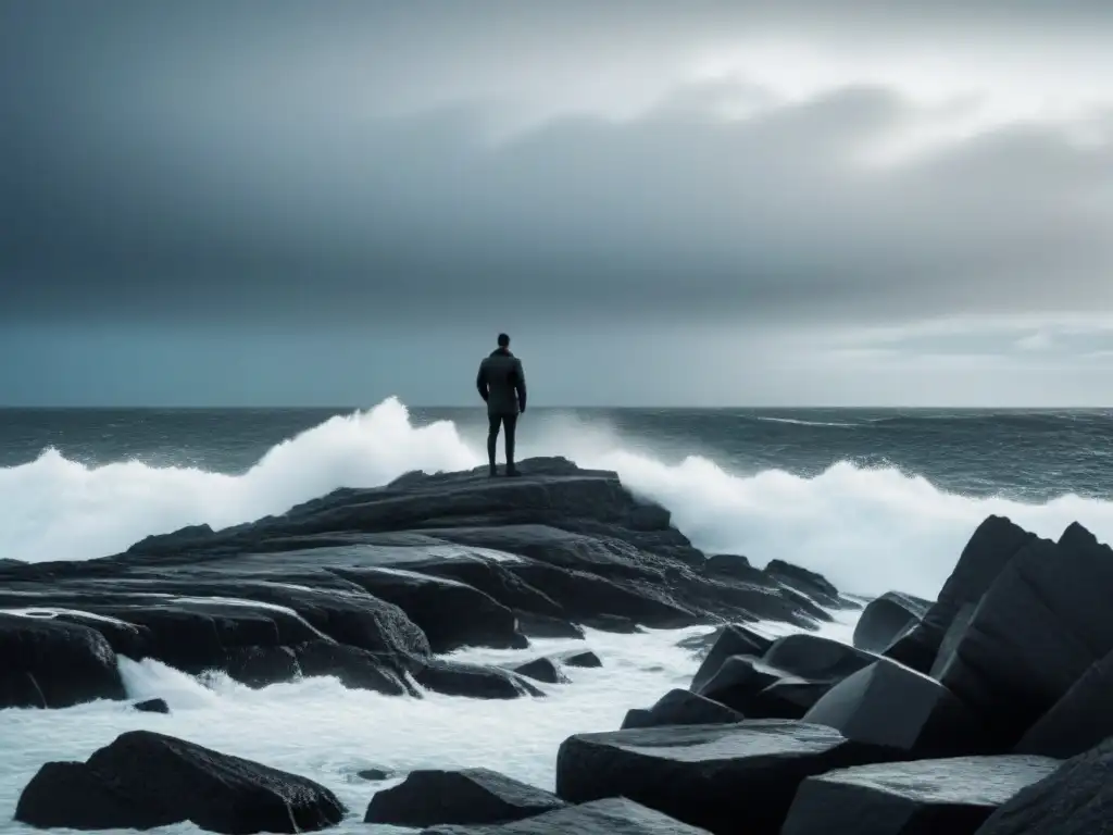Figura solitaria en acantilado rocoso, mirando un mar turbulento