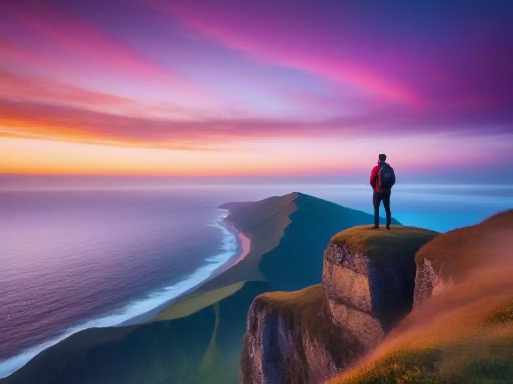 Figura solitaria en acantilado al amanecer, contemplando un vasto y sereno océano