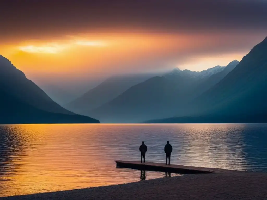 Figura solitaria contempla el atardecer en el lago, evocando emociones poéticas