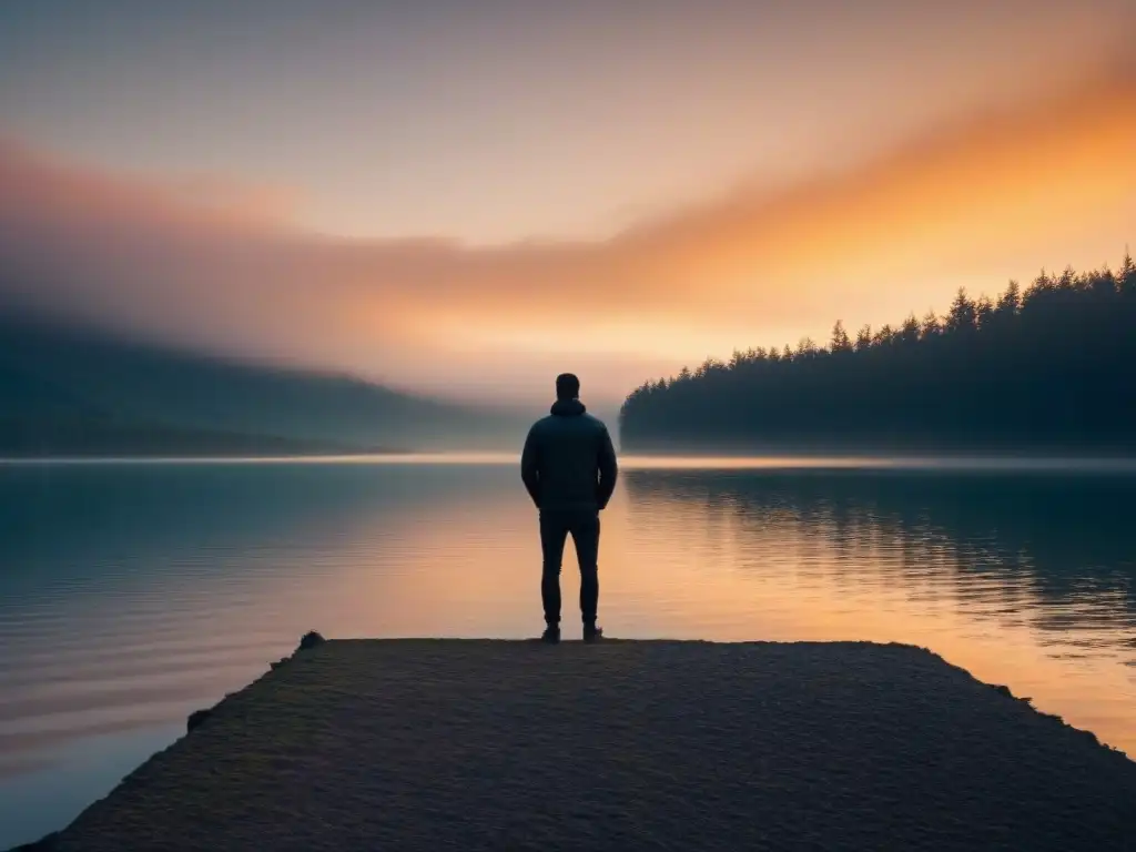 Figura solitaria contemplando el atardecer en un lago tranquilo