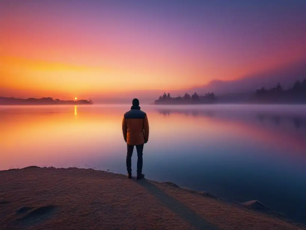 Figura solitaria en atardecer vibrante junto al lago tranquilo, reflejando cielo colorido