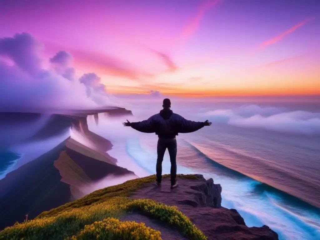 Figura solitaria abrazando la belleza del horizonte en un atardecer vibrante sobre el mar