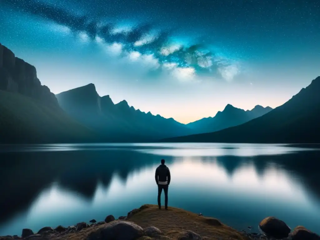 Figura solitaria contemplando la belleza de la naturaleza en un lago sereno rodeado de montañas bajo un cielo estrellado