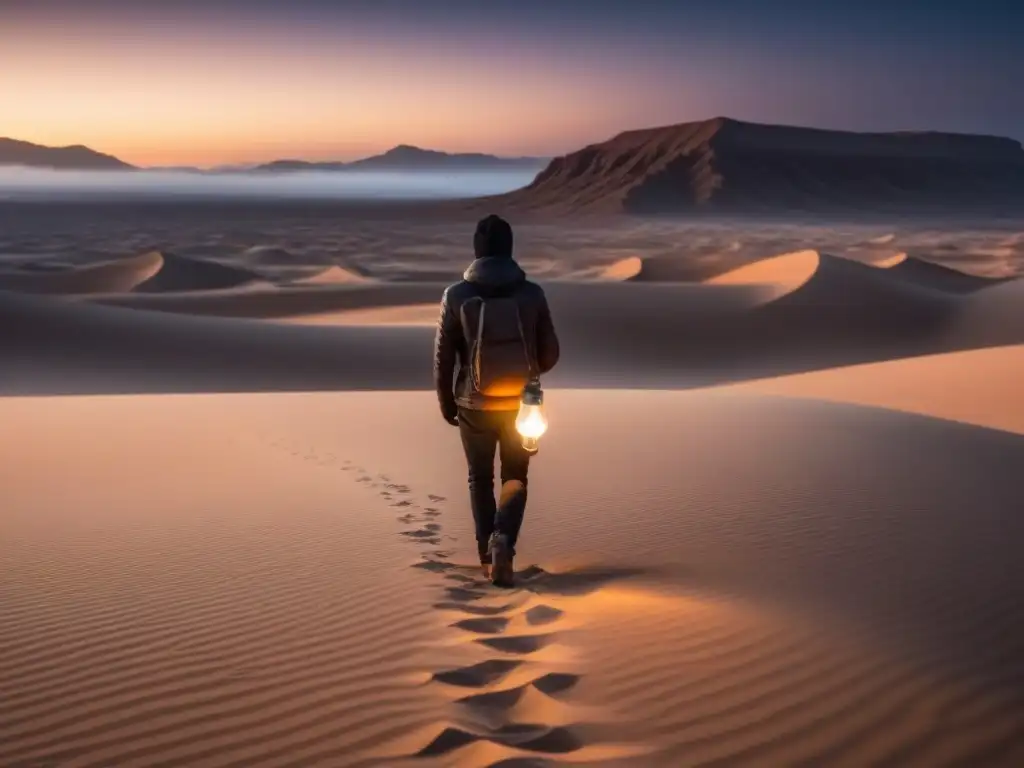 Figura solitaria con bombilla brillante en desierto estrellado, simbolizando creatividad