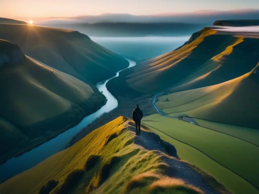 Figura solitaria en el borde del acantilado, contemplando el valle cubierto de niebla al amanecer