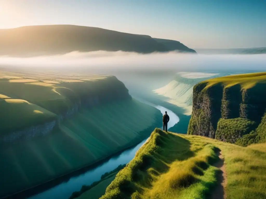 Figura solitaria en el borde de un acantilado, con impacto emocional y paisaje impresionante