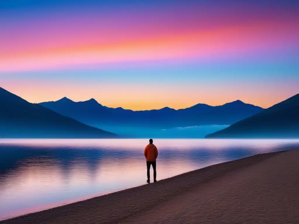 Figura solitaria reflexiona en el borde de un lago sereno al amanecer, reflejando un cielo de colores vibrantes
