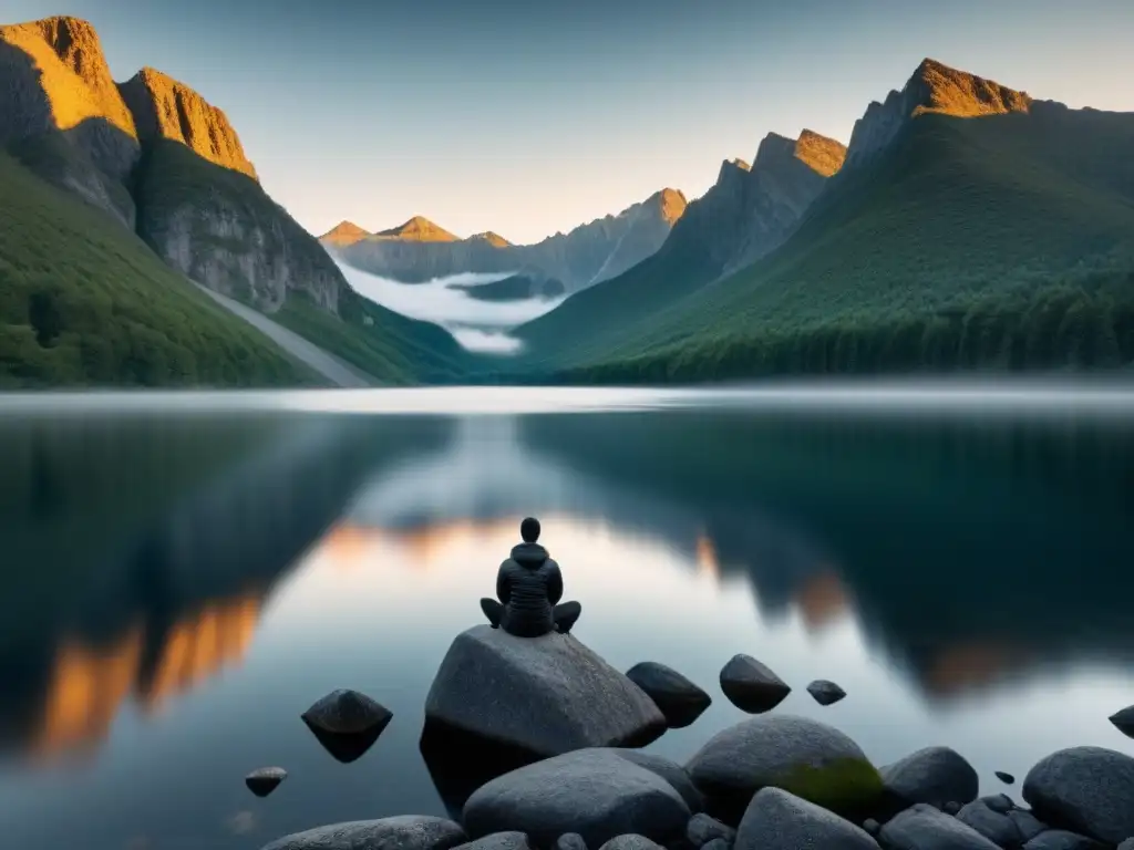Reflexión profunda en el lago estrellado Figura solitaria en el borde de un lago sereno, rodeada de montañas bajo un cielo estrellado