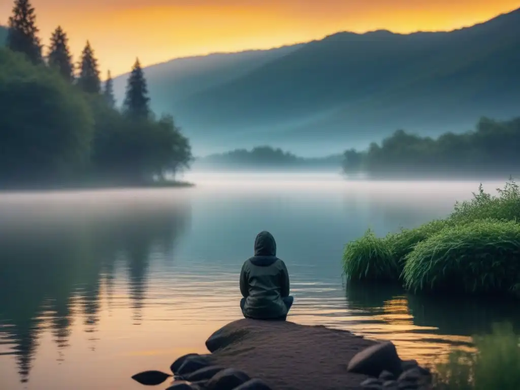 Figura solitaria en el borde de un lago sereno al atardecer dorado, evocando la vida después de la muerte con poesía y contemplación