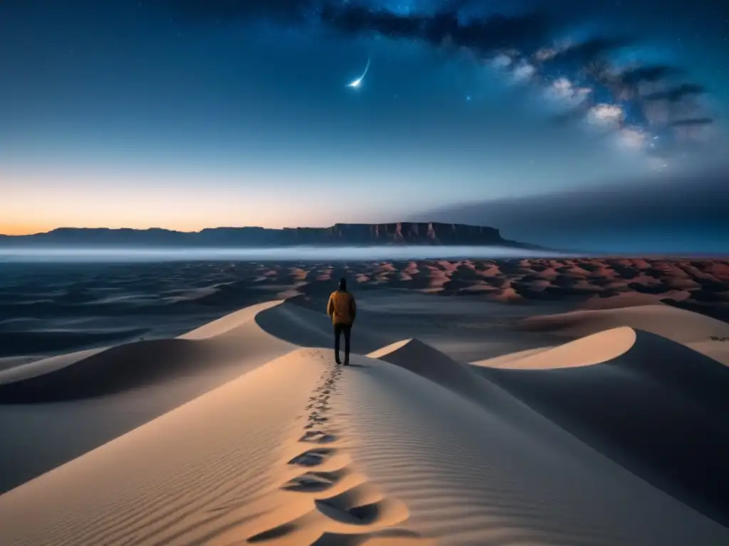 Figura solitaria contempla brillante estrella en desierto