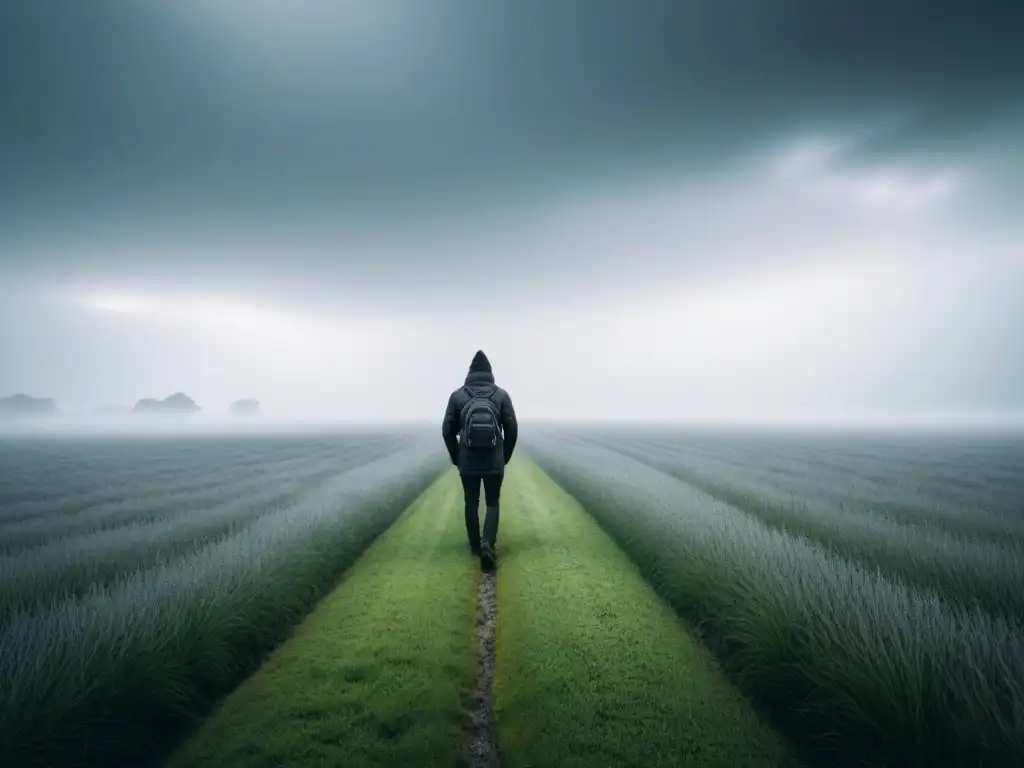 Figura solitaria en campo vasto, hierba alta ondeando bajo cielo nublado