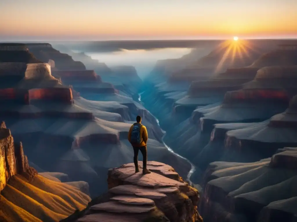 Figura solitaria contemplando un cañón neblinoso al atardecer, creando imágenes mentales poderosas