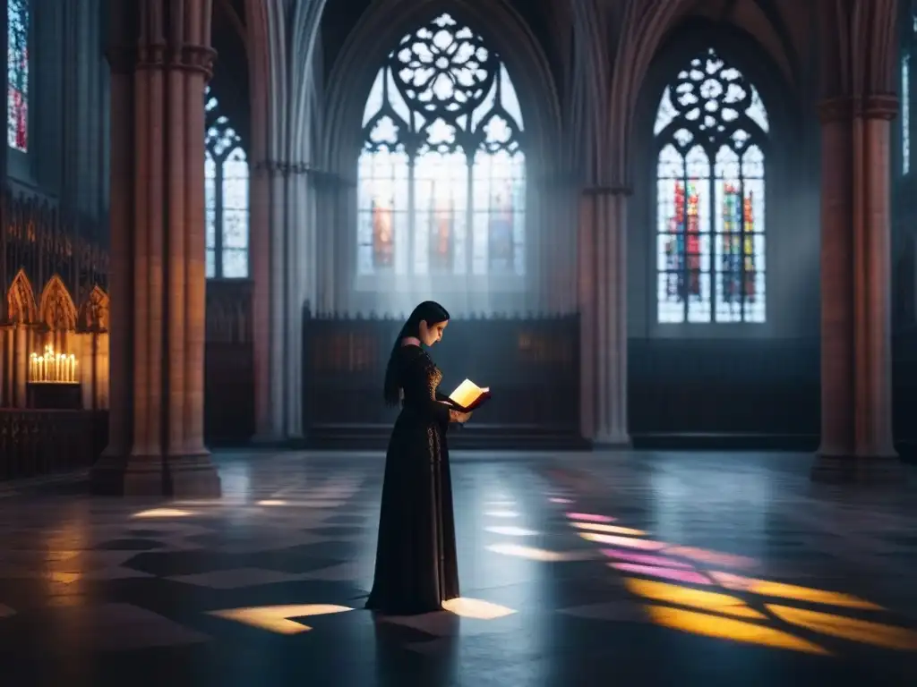 Una figura solitaria en una catedral gótica, con vidrieras coloridas proyectando patrones en el suelo