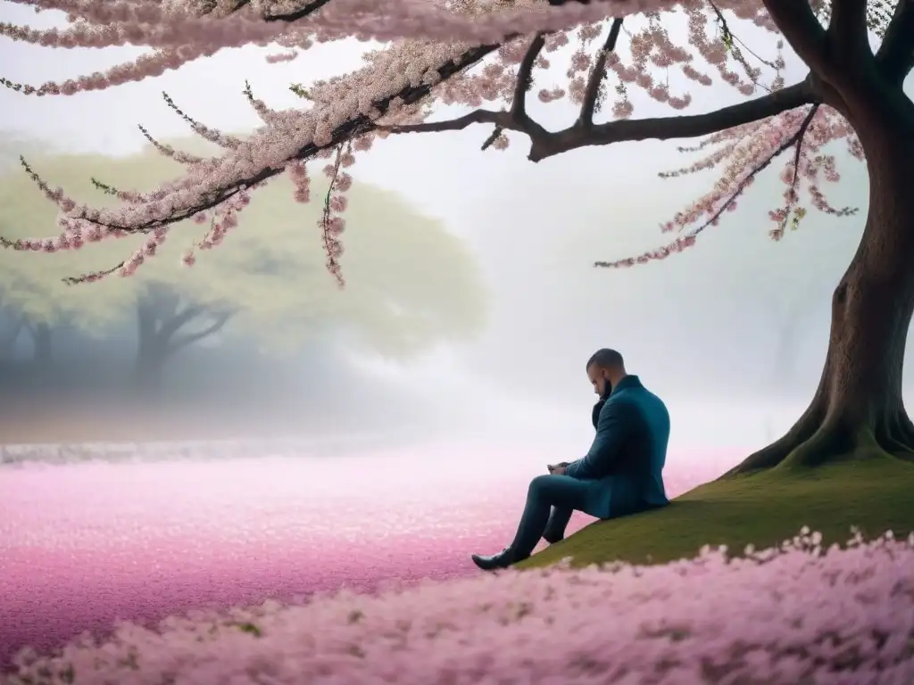 Una figura solitaria reflexiona bajo un cerezo en flor, en una escena serena que evoca tranquilidad y contemplación