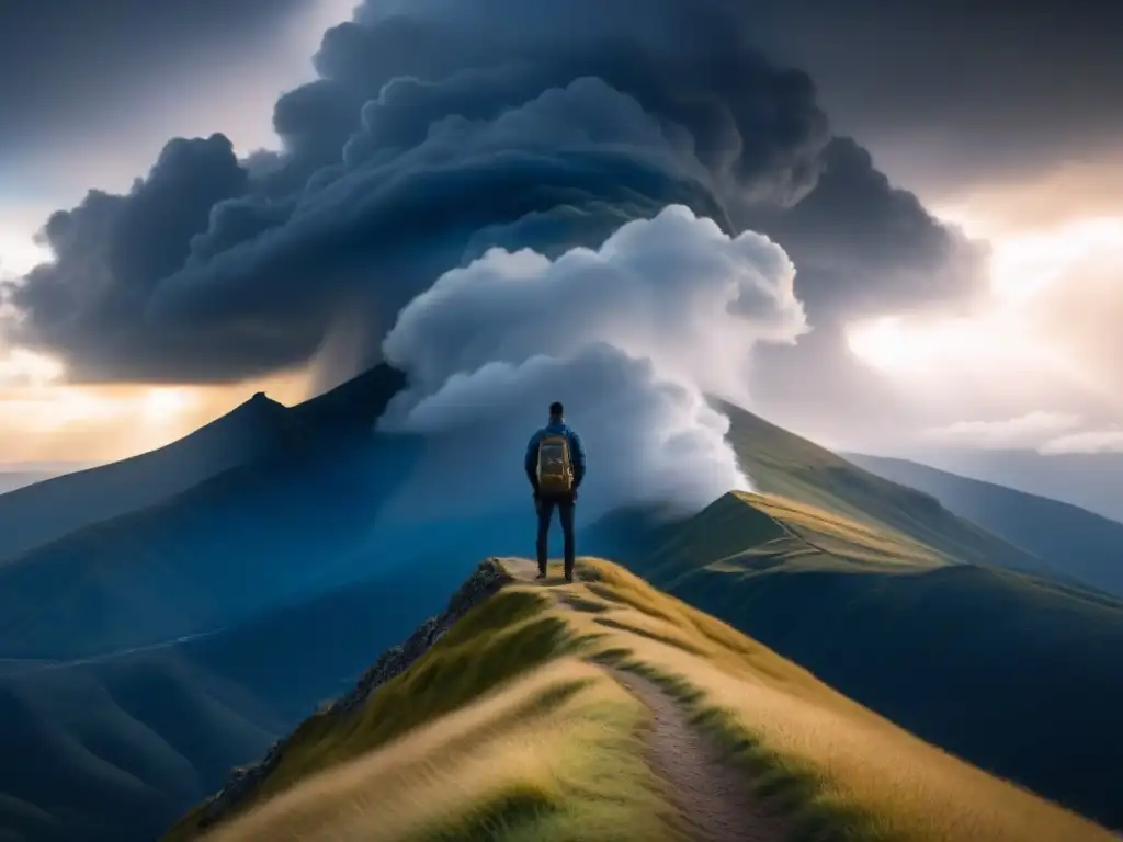 Figura solitaria en cima montaña, rodeada de nubes tormenta