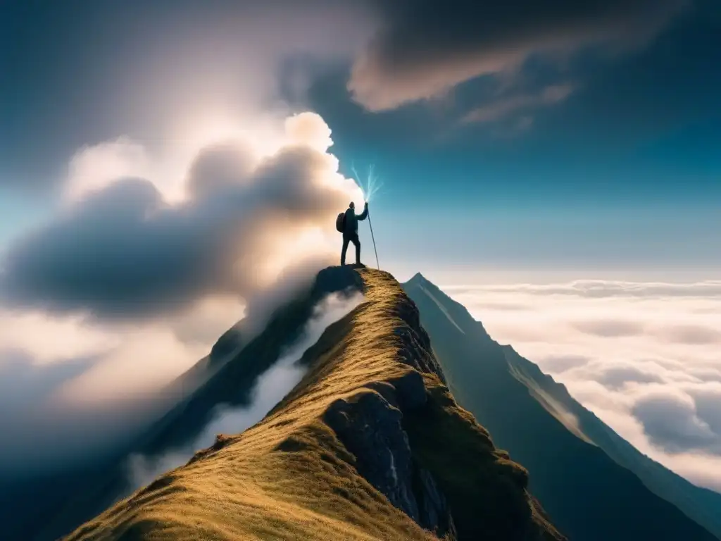 Figura solitaria en cima montaña, rodeada de nubes, sosteniendo pluma con luz