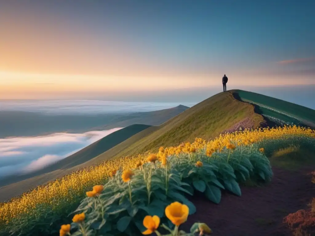 Figura solitaria en la cima de la montaña, contemplando un paisaje lleno de flores, simbolizando la poesía con causa cómo empezar