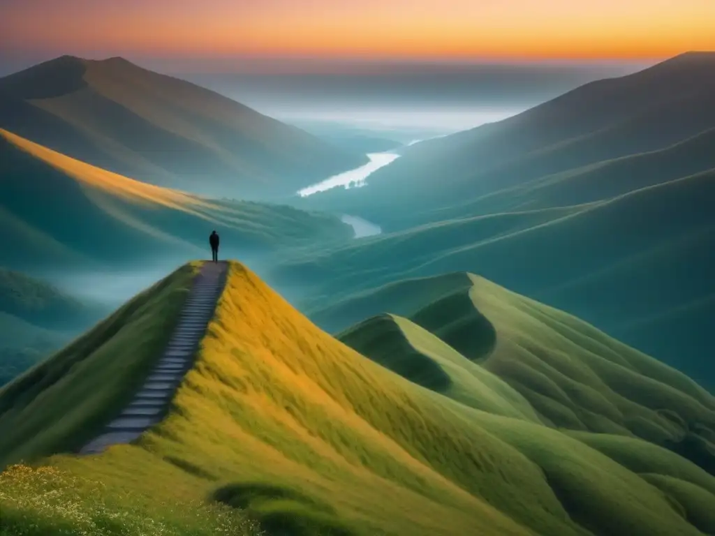 Figura solitaria en la cima de una montaña, contemplando un paisaje soleado